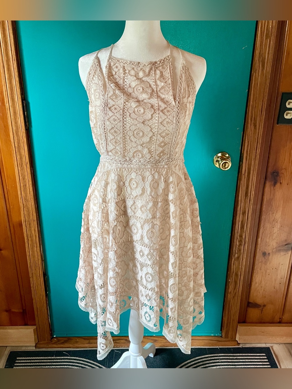 Lace Free People Fit & Flare Dress in Blush Beige, romantic, feminine size: 6